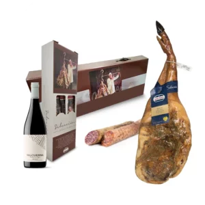 Lote Paleta Cebo Ibérica 50% Raza Ibérica Julián Martín Guijuelo Salamanca Maleta Regalo con Surtido Ibérico y Vino Tinto joven Valcuerna