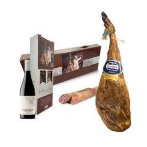 Lote Jamón Cebo Ibérico 50% Raza Ibérica Julián Martín Guijuelo Salamanca Maleta Regalo con Surtido Ibérico y Vino Tinto joven Valcuerna