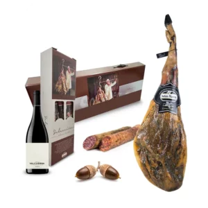 Lote Jamón Bellota 100% Ibérico Puro Julián Martín Guijuelo Salamanca Maleta Regalo con Surtido Ibérico Bellota y Vino Tinto Crianza Valcuerna