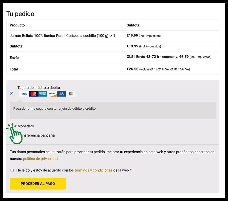 Pantalla selector de pago monedero en jamonalia
