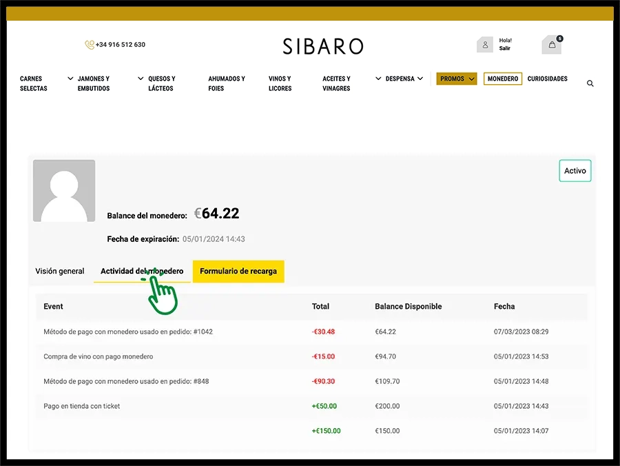 Pestaña de actividad del monedero Sibaro