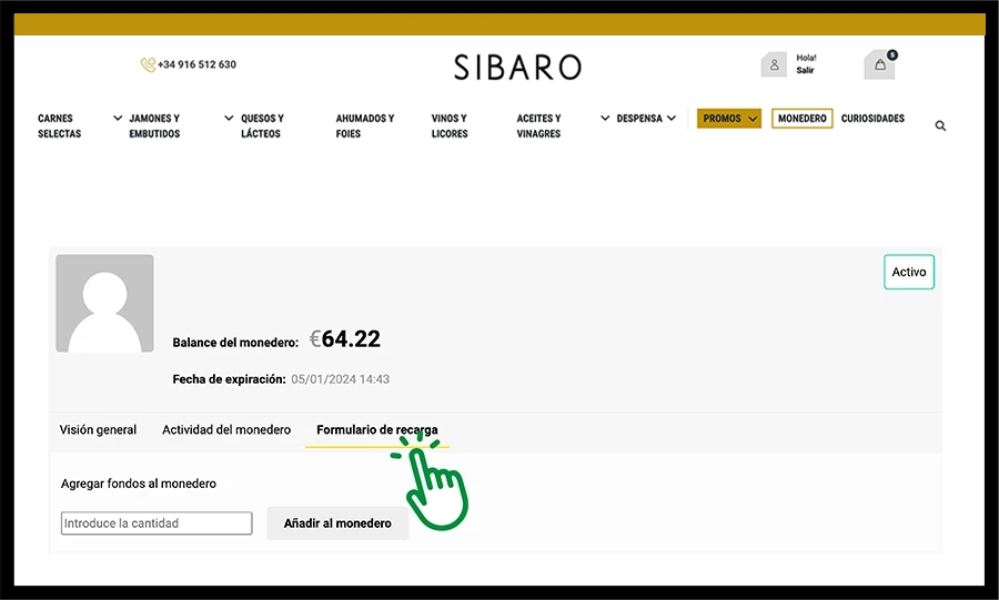 Pestaña de formulario de recarga del monedero Sibaro